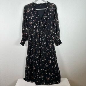 Madewell SP peasant faux wrap, v-neck, midi dress w/waist smocking and cuffs,